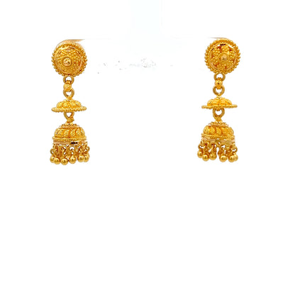 22ct Gold Jhumka Drop Earrings with Domed Filigree Details