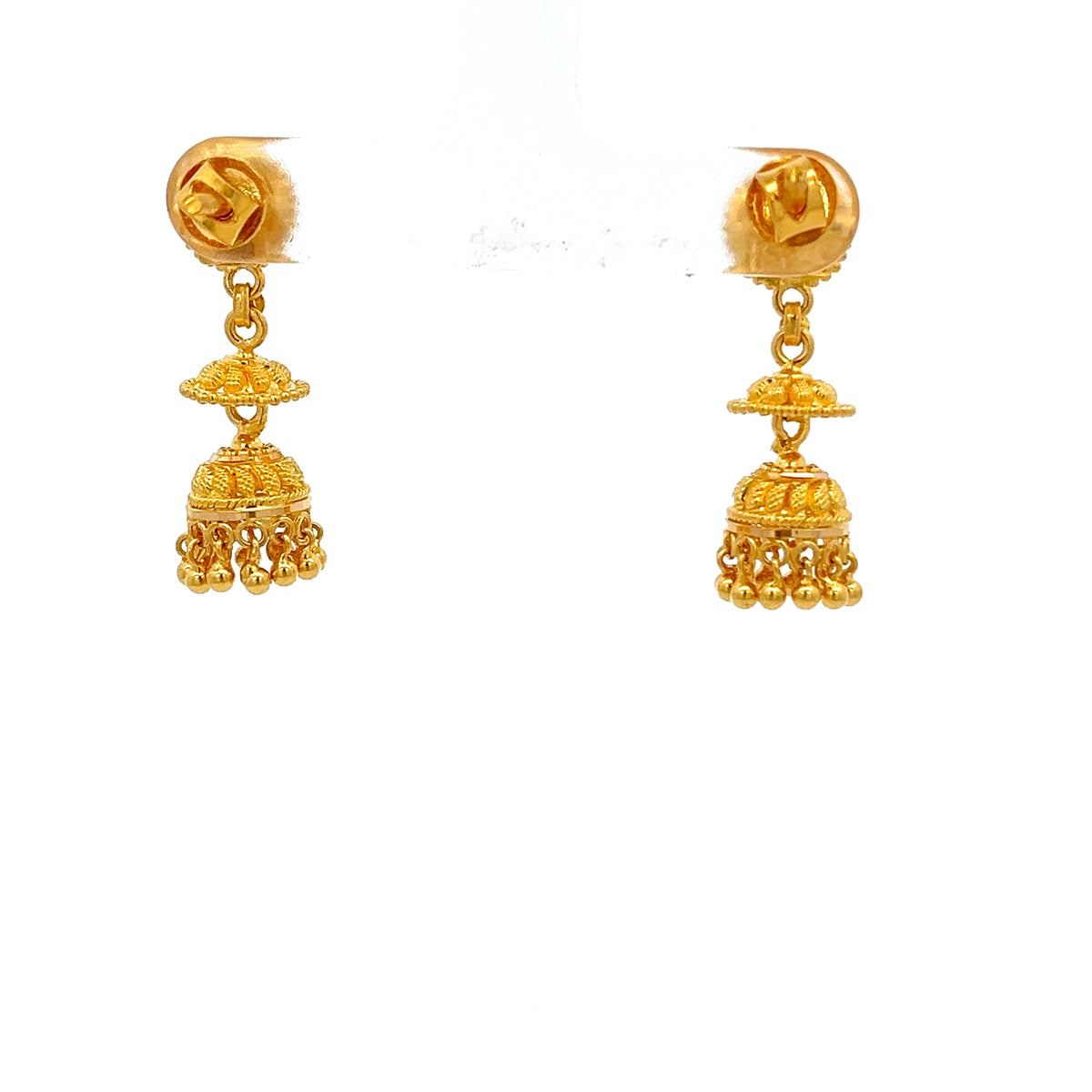 22ct Gold Jhumka Drop Earrings with Domed Filigree Details