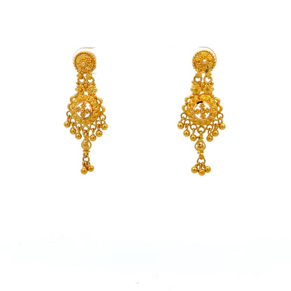 22ct Gold Filigree Disc Drop Earrings with Beaded Fringe