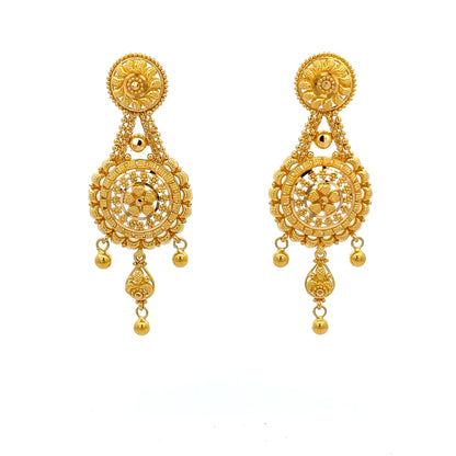 22ct Gold Filigree Circular Drop Earrings with Ball Charms
