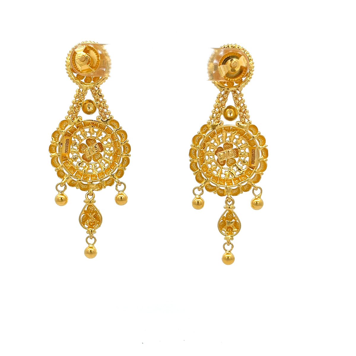 22ct Gold Filigree Circular Drop Earrings with Ball Charms