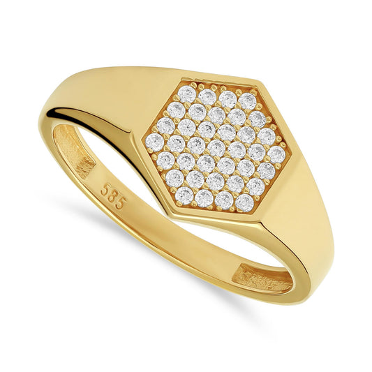 14ct Yellow Gold Cubic Zirconia Hexygon Ring