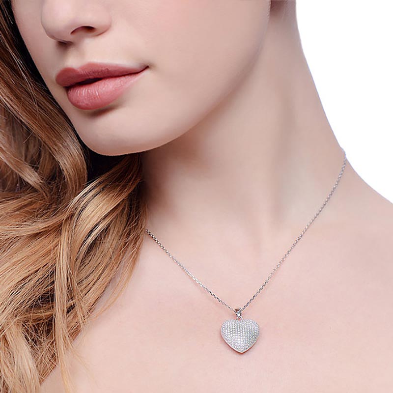 Domed Heart Shape 925 Sterling Silver Necklace Set With CZs - FJewellery