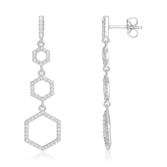 Drop 925 Sterling Silver Hexagon Earrings Set With CZs - FJewellery