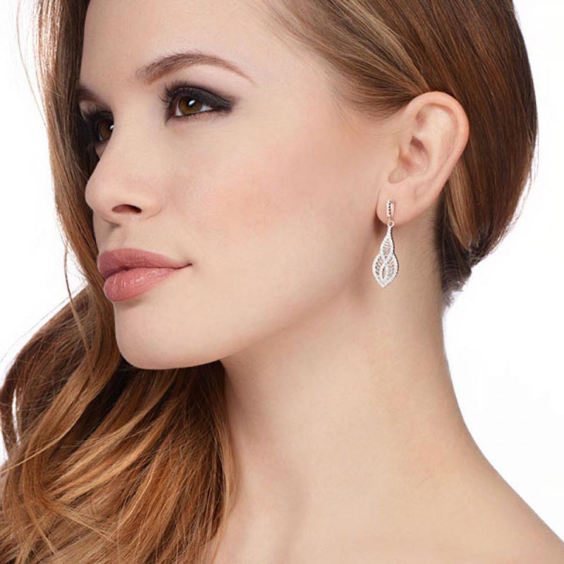 Drop 925 Sterling Silver Leaf Shape Earrings Set With CZs - FJewellery
