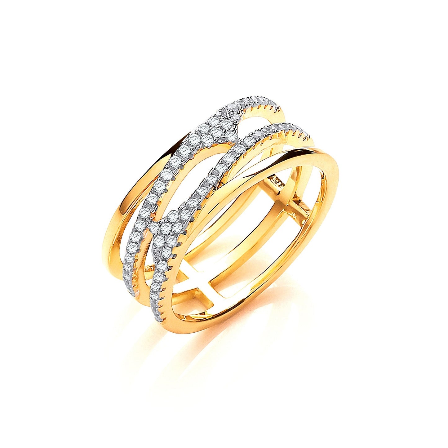 Gold Plated 925 Sterling Silver & White CZ Cross Over Ring - FJewellery