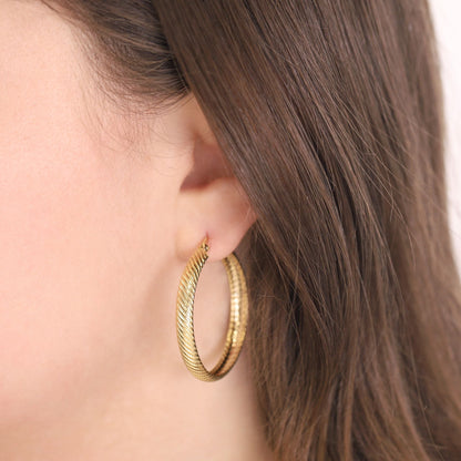 Gold Plated Silver Textured Hoop Earrings PER60012 - FJewellery