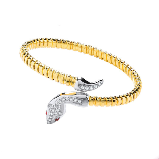 Gold Plated Sterling 925 Sterling Silver Snake Bangle Set With CZs - FJewellery