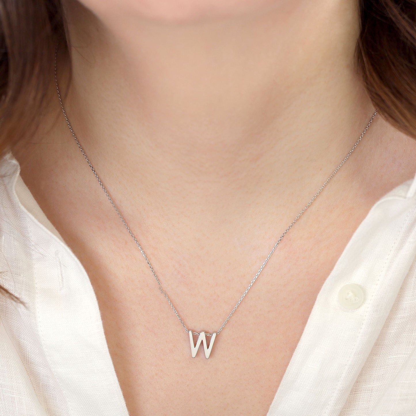 Rhodium plated silver Initial W Necklace PSJCNP - WR - FJewellery