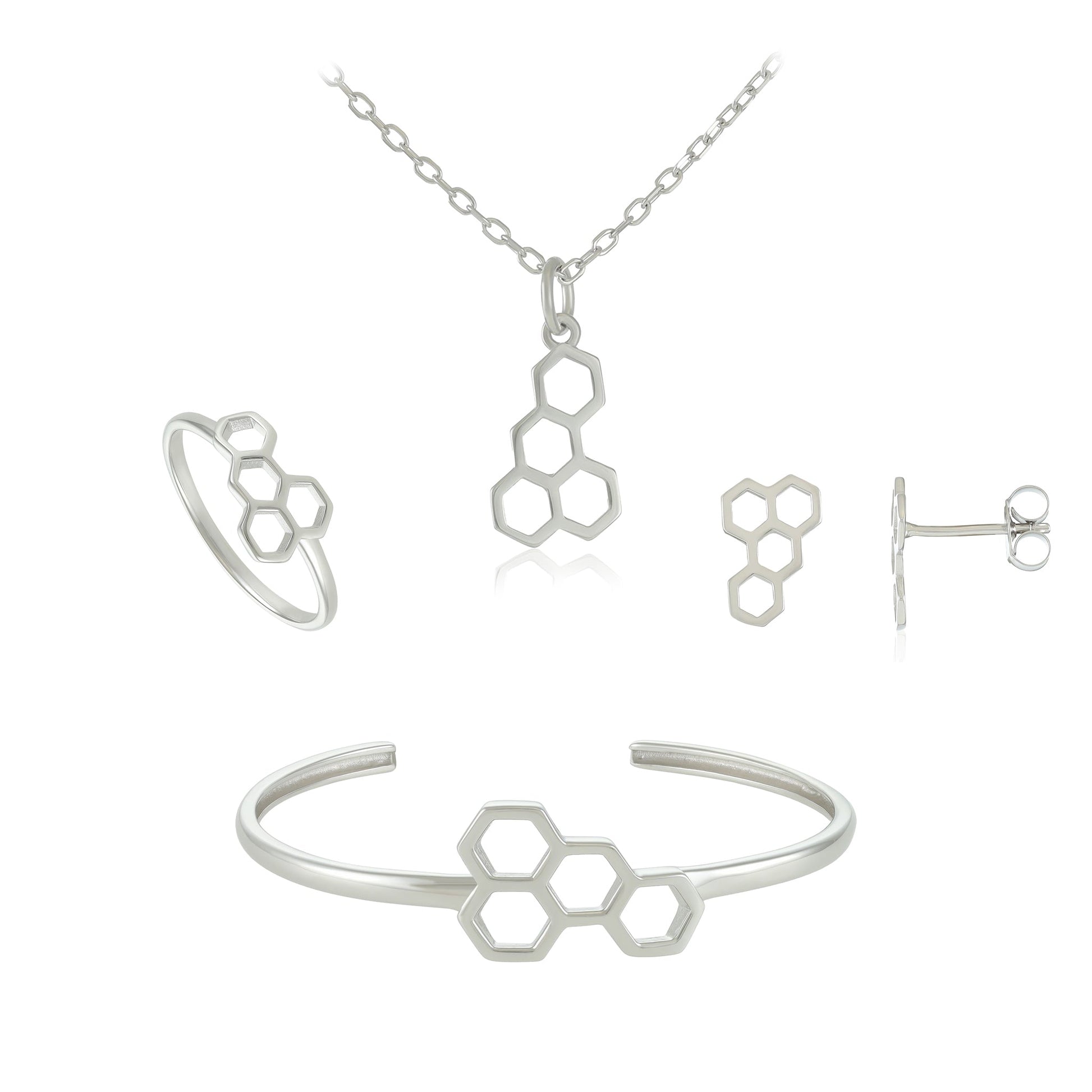 Rhodium plated silver large honeycomb jewellery set - FJewellery