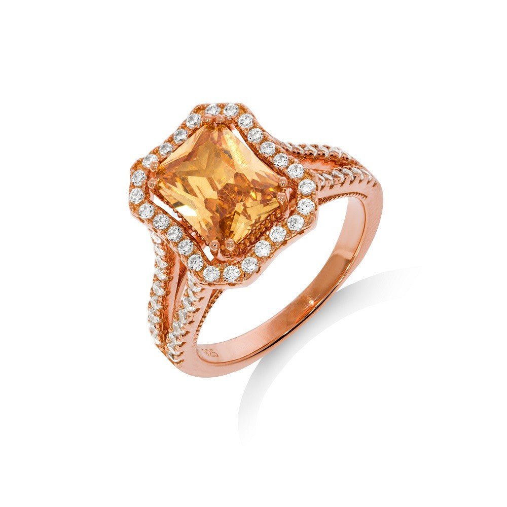 Rose Gold Plated 925 Sterling Silver and Champagne CZ Halo Ring - FJewellery