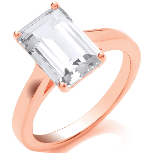 Rose Gold Plated 925 Sterling Silver Emerald Cut Solitaire Ring - FJewellery