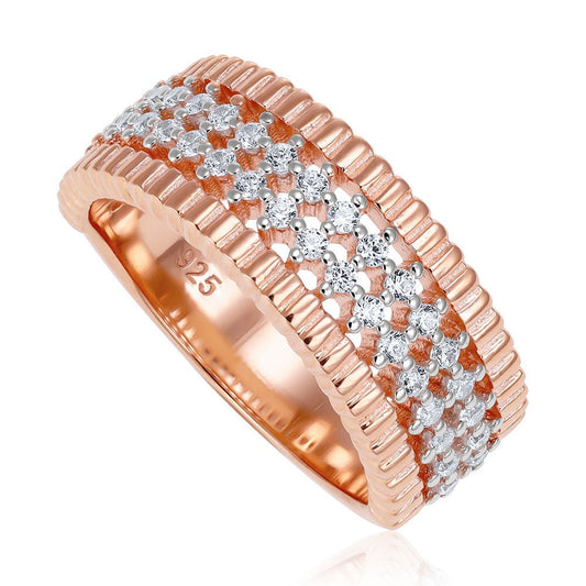 Rose Gold Plated 925 Sterling Silver Ribbed Dress Ring - FJewellery
