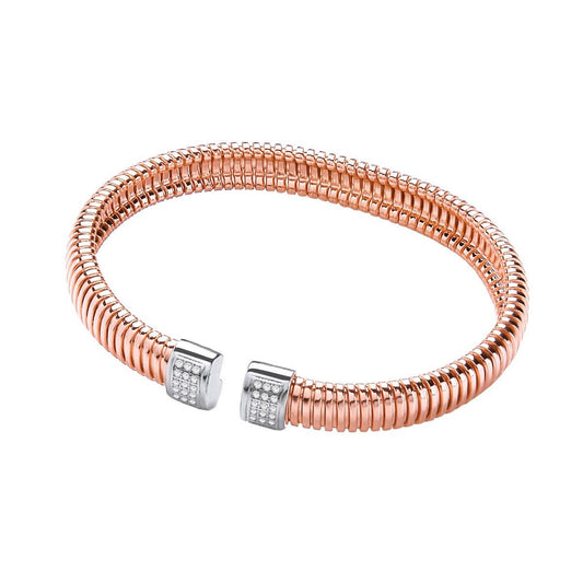 Rose Gold Plated Sterling 925 Sterling Silver Bangle Set With White CZs - FJewellery