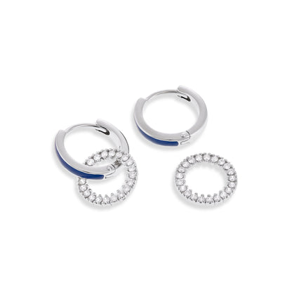 Silver Blue Enamel Hoop Rhodium Plated Cubic Zirconia Earrings SER3003 - FJewellery