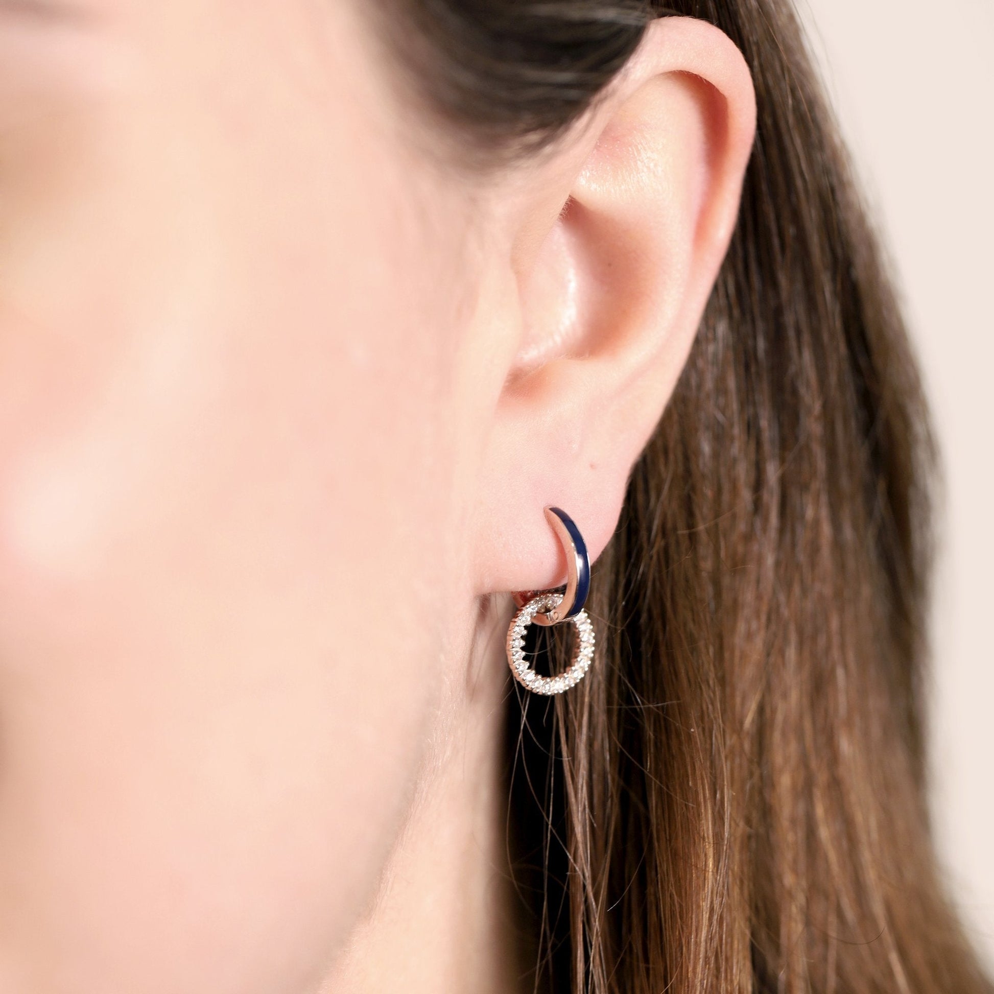 Silver Blue Enamel Hoop Rhodium Plated Cubic Zirconia Earrings SER3003 - FJewellery