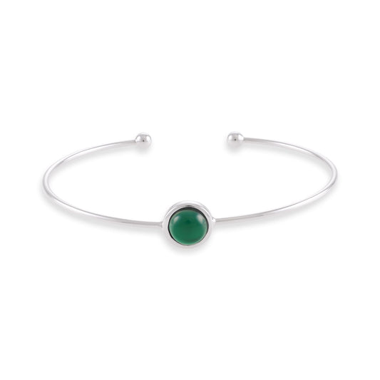 Silver rhodium plated bangle with green agate stone SBN6001.GA - FJewellery