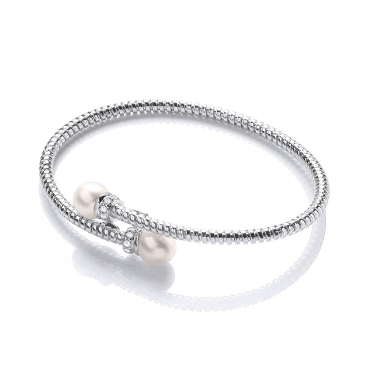 Sterling 925 Sterling Silver Bangle Set With White Two Freshwater Pearl - FJewellery