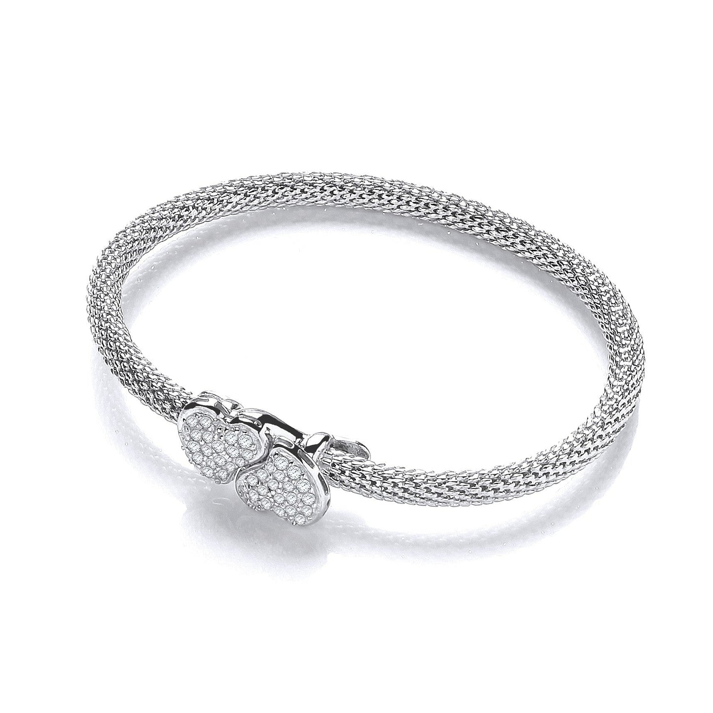 Sterling 925 Sterling Silver Heart Bangle Set With White Cubic Zirconia - FJewellery
