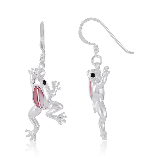 925 Sterling Silver Pink Frog Drop Earrings