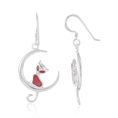 925 Sterling Silver  Moon Cat Drop Earrings