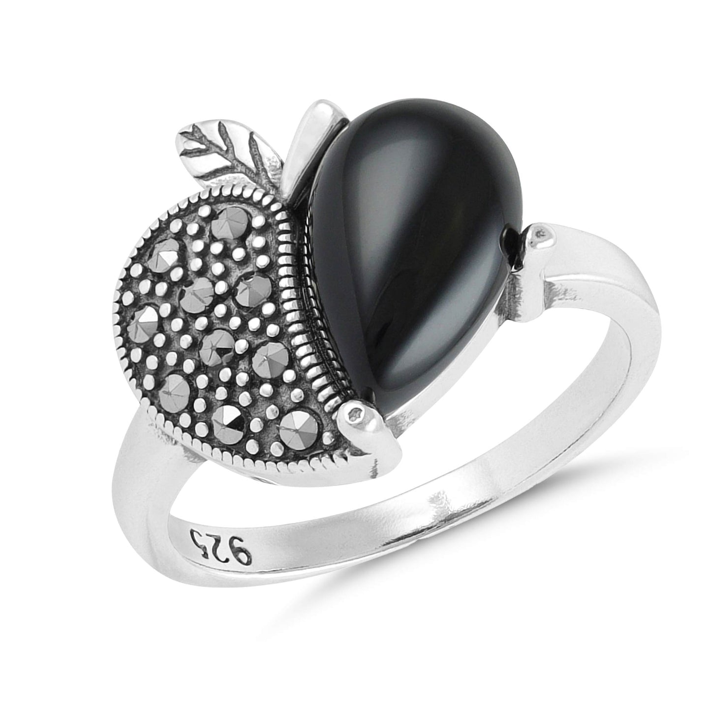 Sterling Silver Contrast Heart Black Gemstone Ring - FJewellery