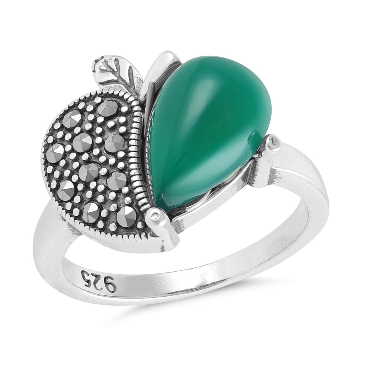 Sterling Silver Contrast Heart Green Gemstone Ring - FJewellery