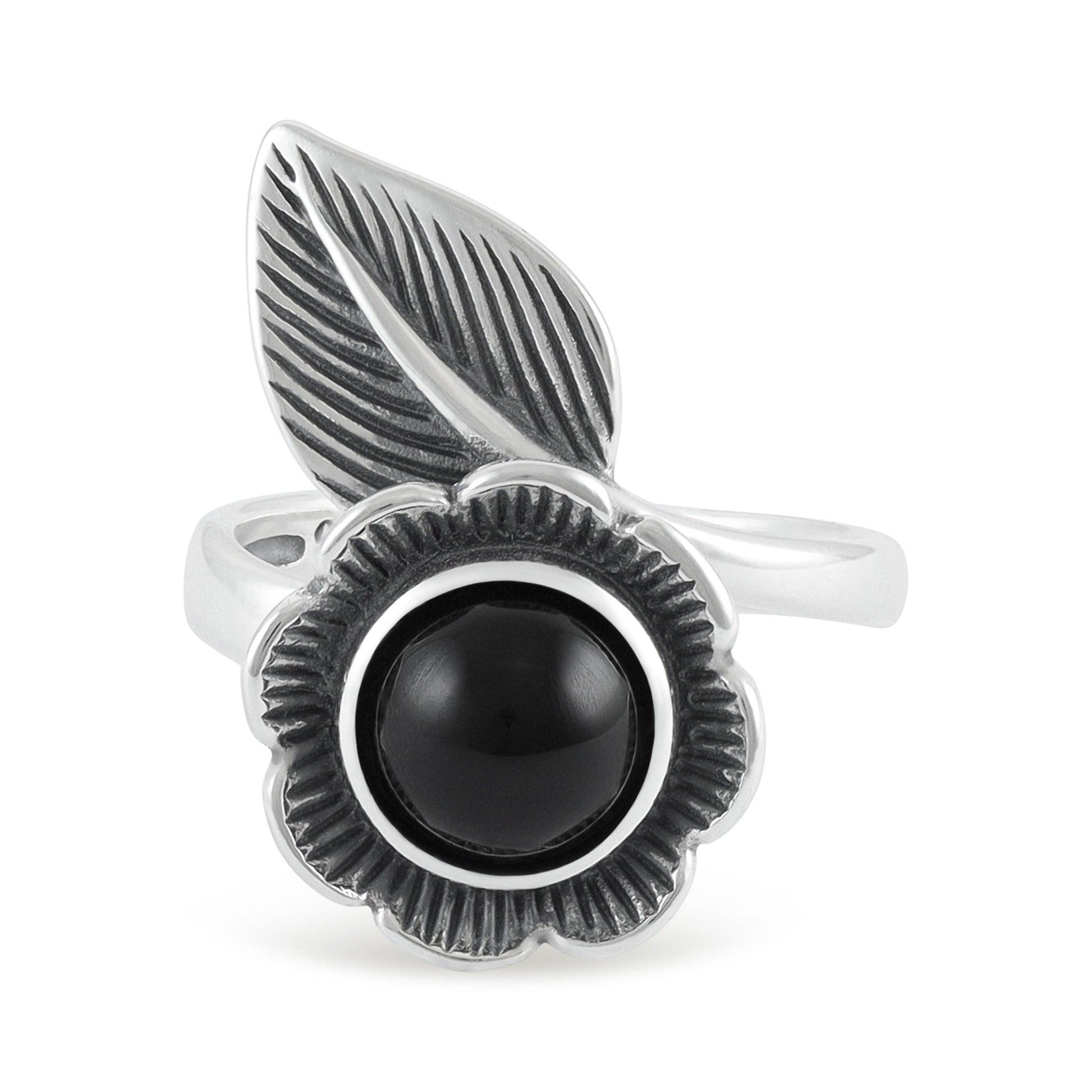 Sterling Silver Flower Black Gemstone Ring - FJewellery