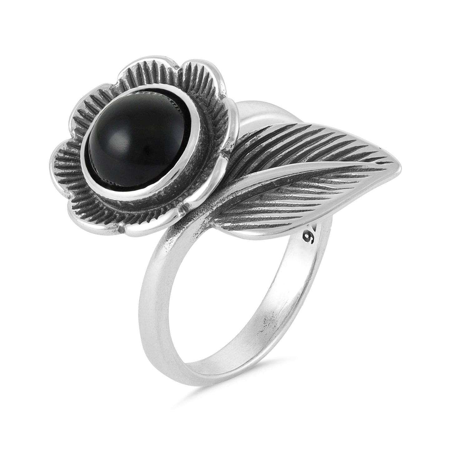 Sterling Silver Flower Black Gemstone Ring - FJewellery