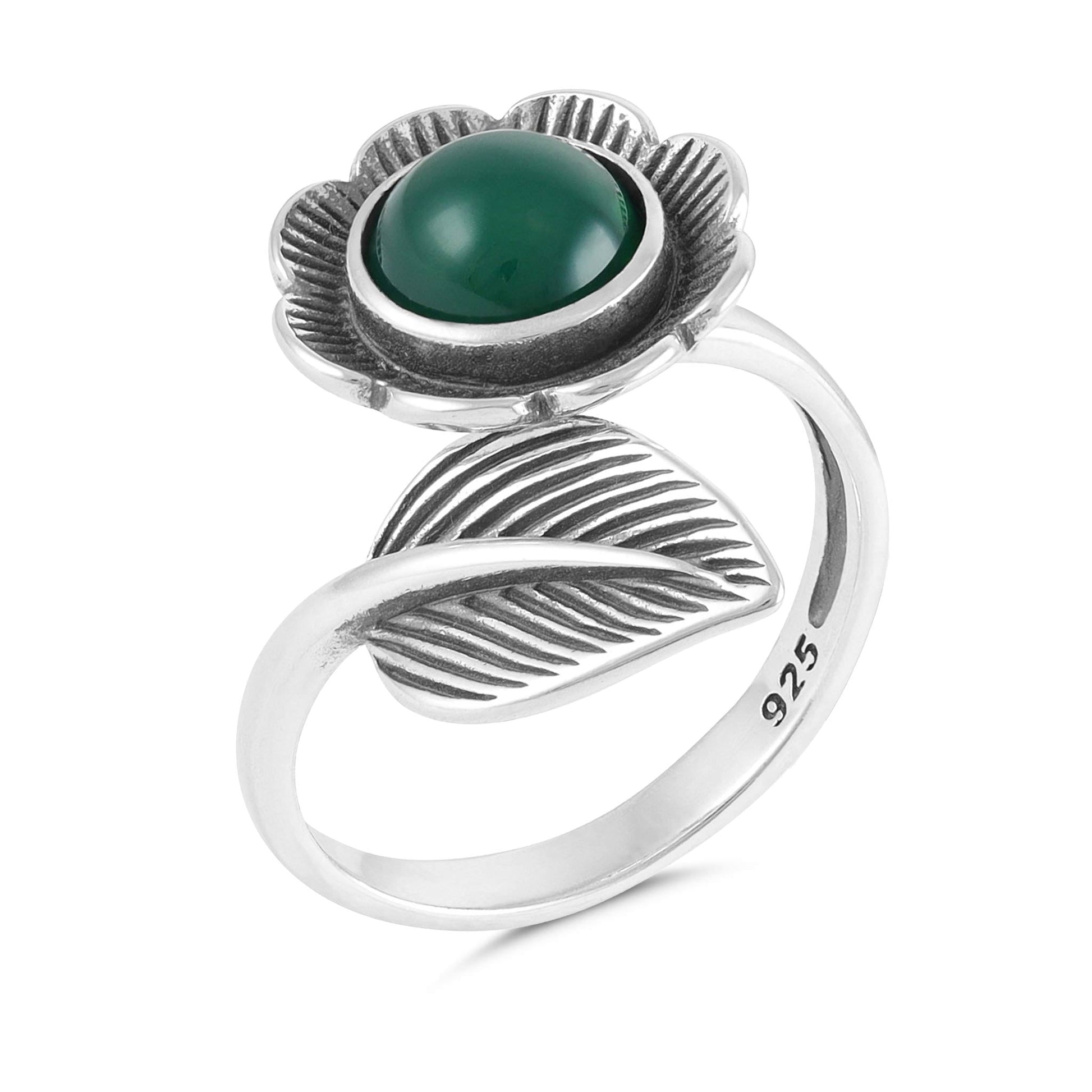 Sterling Silver Flower Green Gemstone Ring - FJewellery