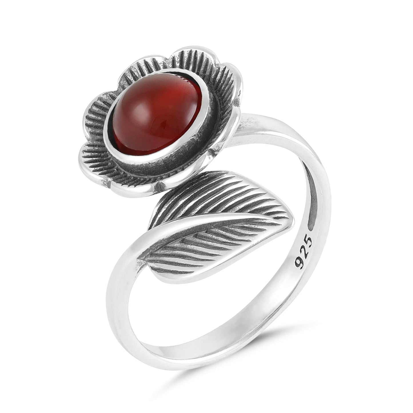 Sterling Silver Flower Red Gemstone Ring - FJewellery