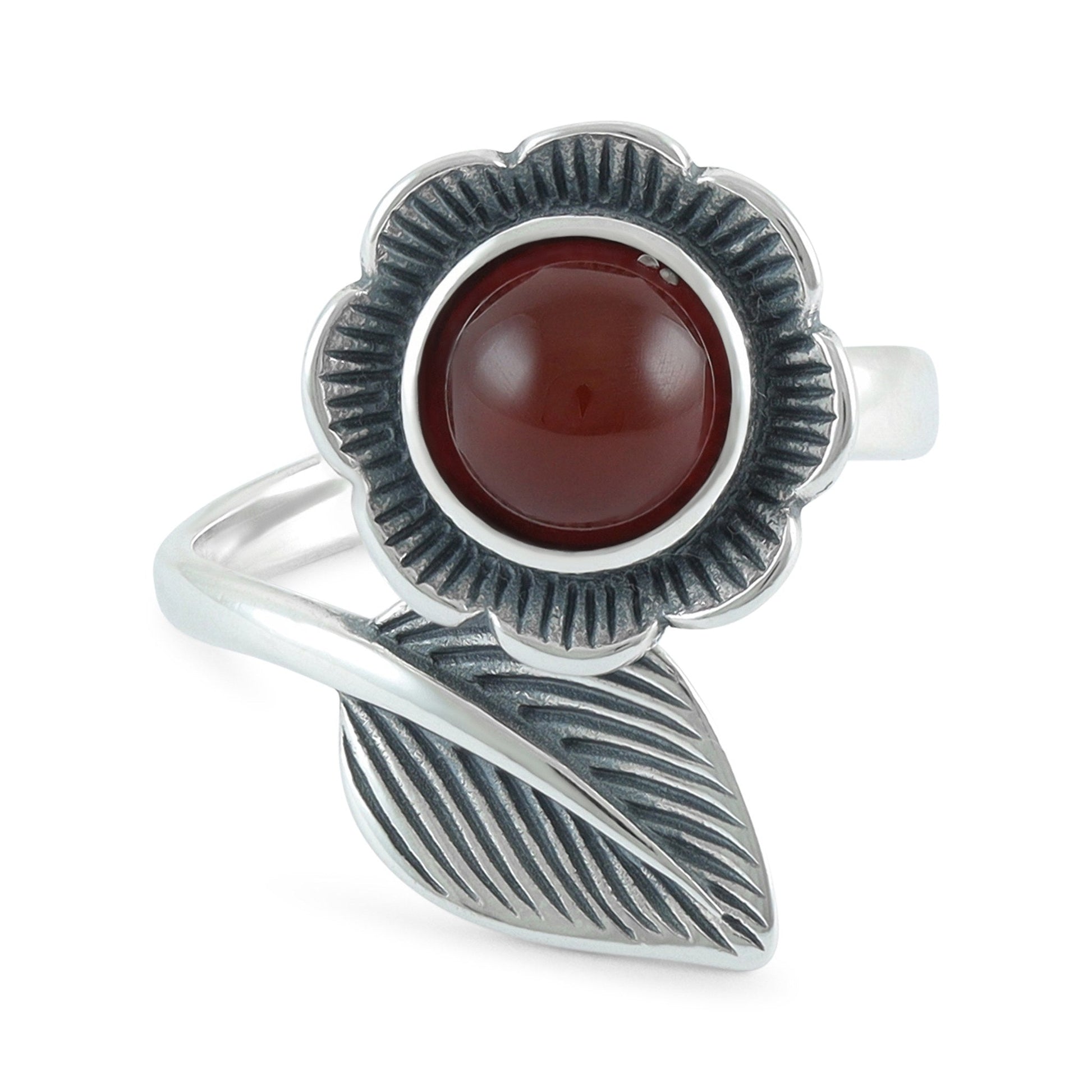 Sterling Silver Flower Red Gemstone Ring - FJewellery