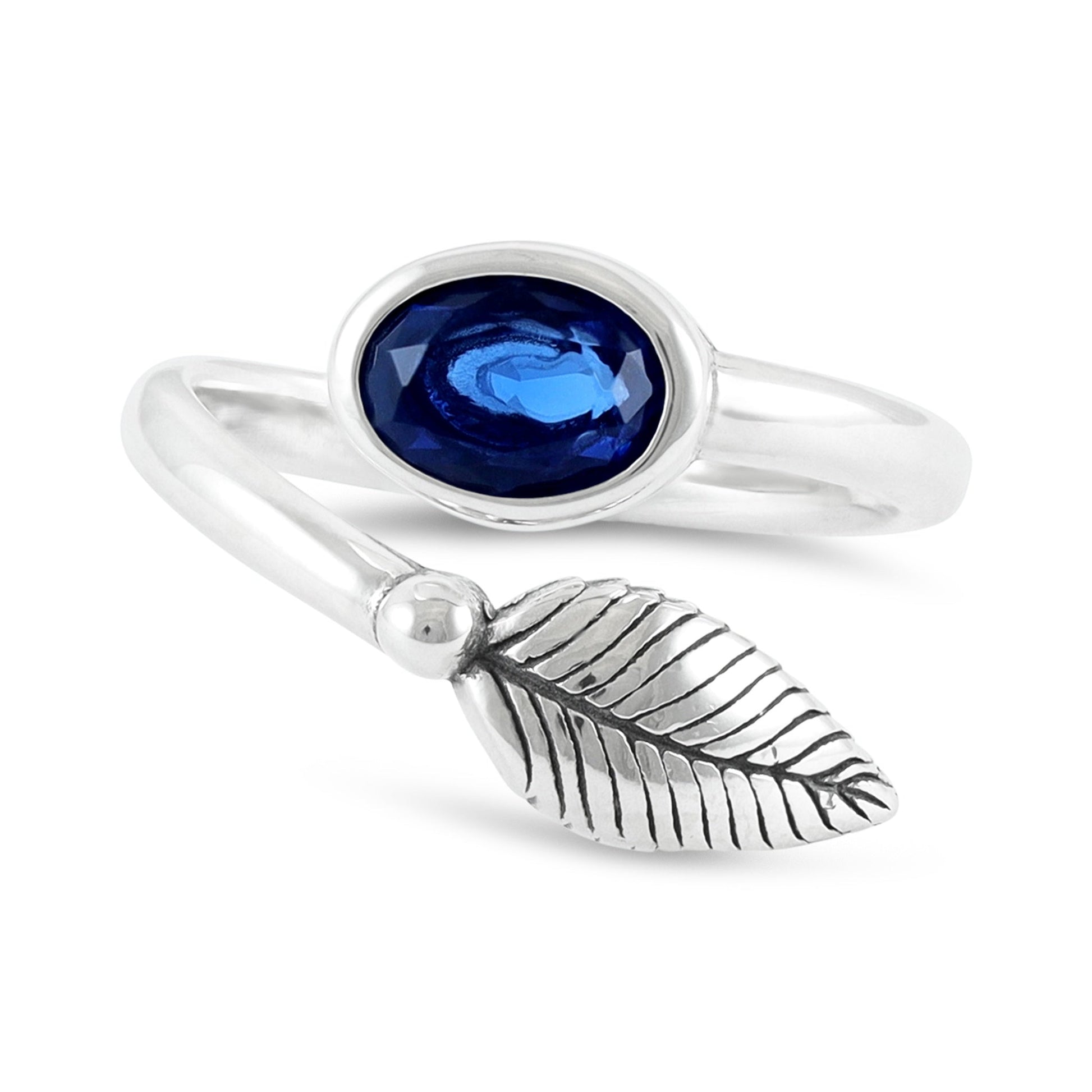 Sterling Silver Leaf Design Blue Gemstone Ring - FJewellery