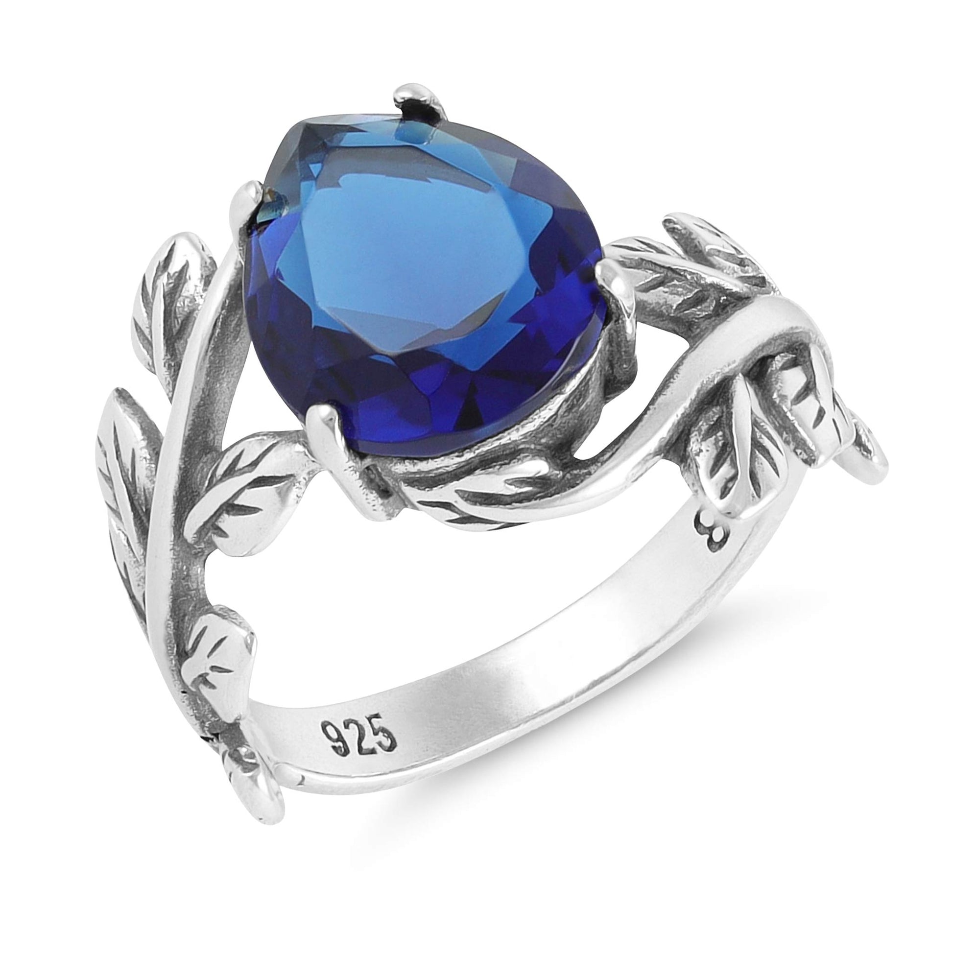 Sterling Silver Leaf Design Blue Gemstone Ring - FJewellery