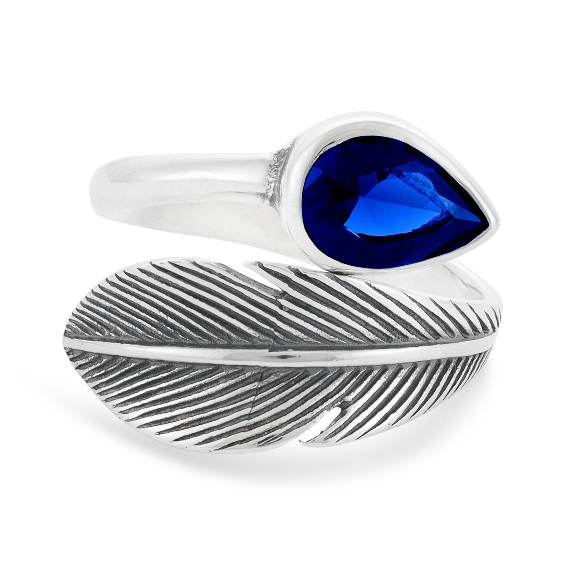 Sterling Silver Leaf Design Blue Gemstone Ring - FJewellery