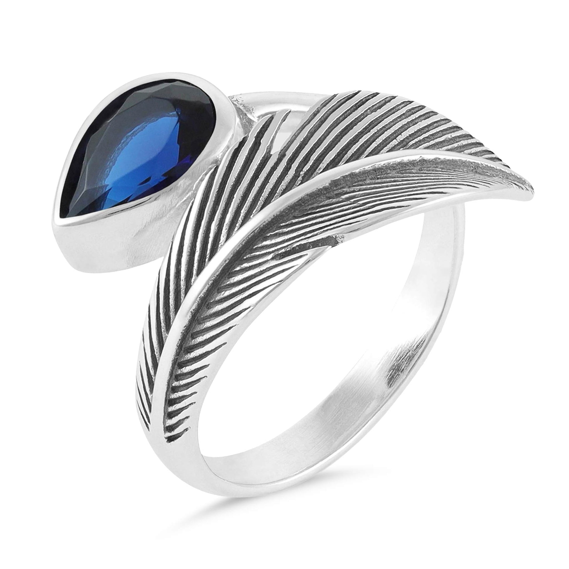 Sterling Silver Leaf Design Blue Gemstone Ring - FJewellery