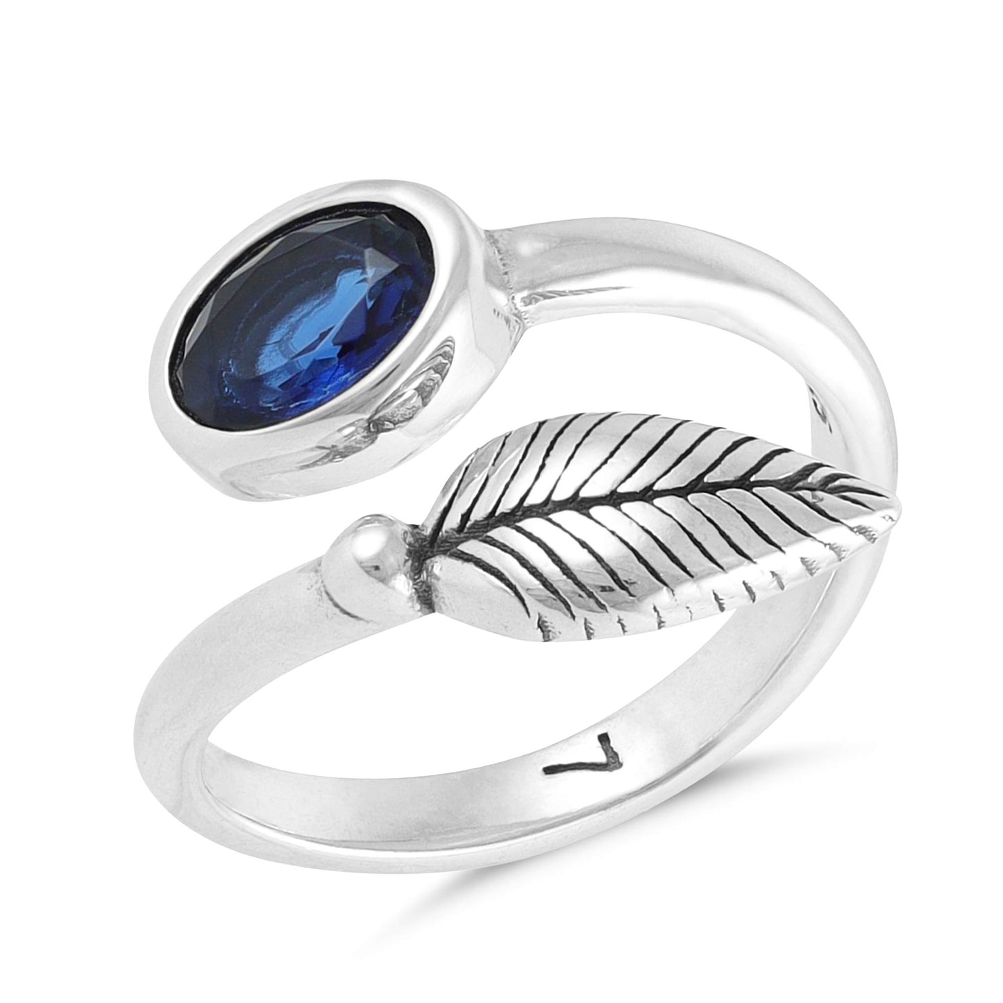 Sterling Silver Leaf Design Blue Gemstone Ring - FJewellery