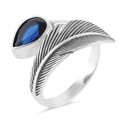 Sterling Silver Leaf Design Blue Gemstone Ring - FJewellery
