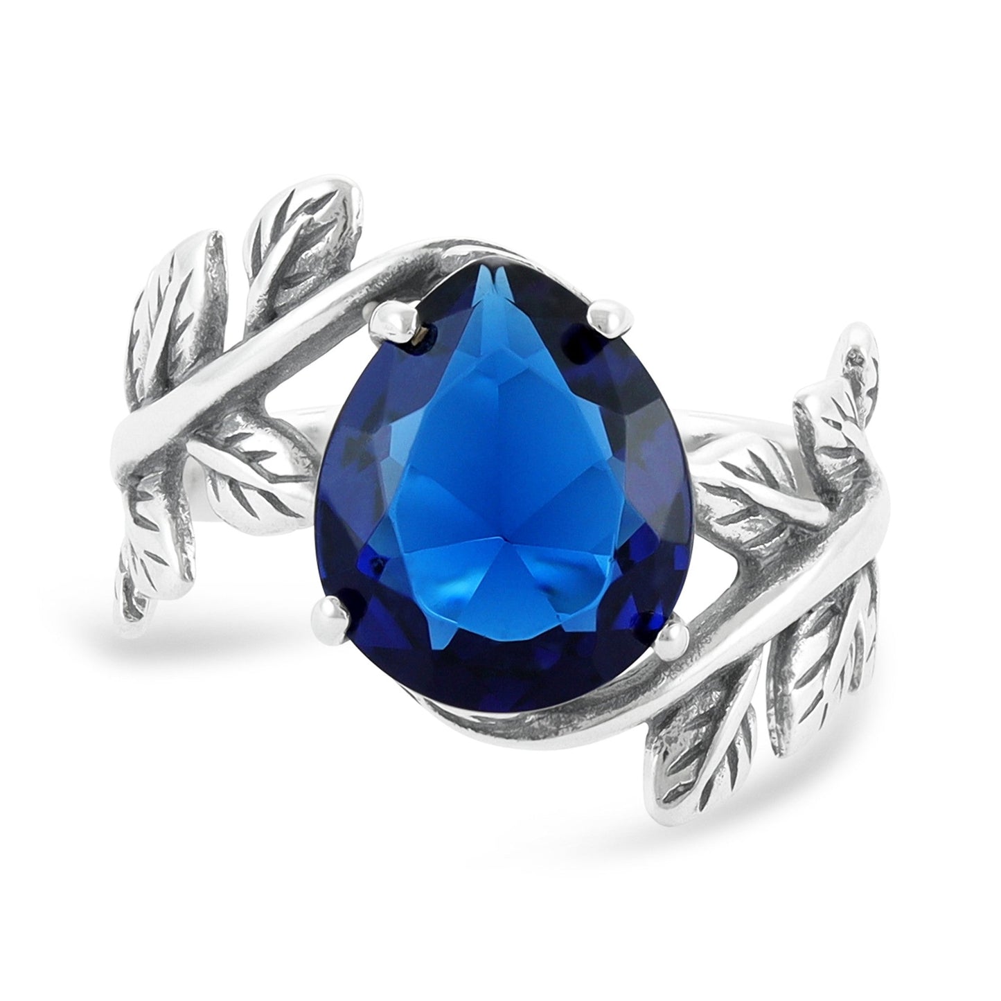 Sterling Silver Leaf Design Blue Gemstone Ring - FJewellery