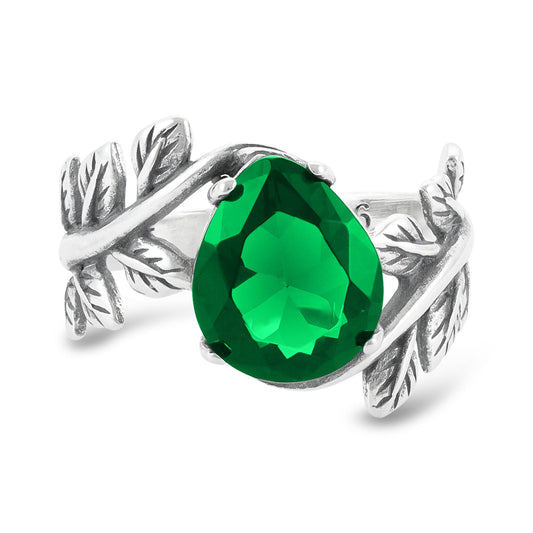 Sterling Silver Leaf Design Green Gemstone Ring - FJewellery