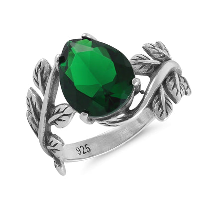 Sterling Silver Leaf Design Green Gemstone Ring - FJewellery