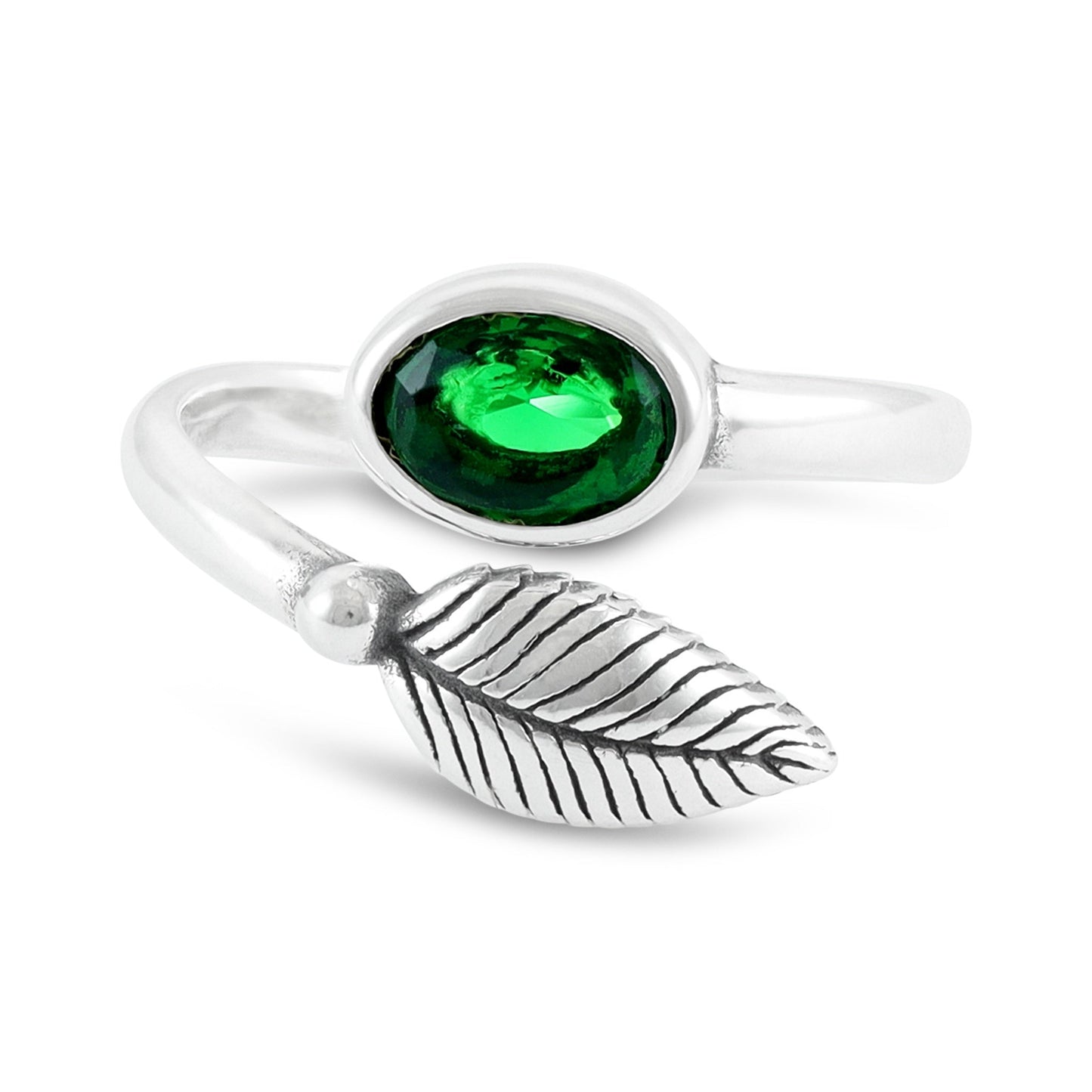 Sterling Silver Leaf Design Green Gemstone Ring - FJewellery