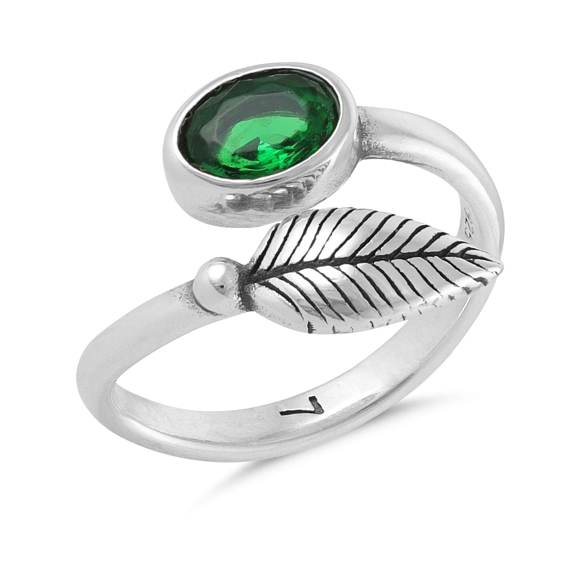 Sterling Silver Leaf Design Green Gemstone Ring - FJewellery