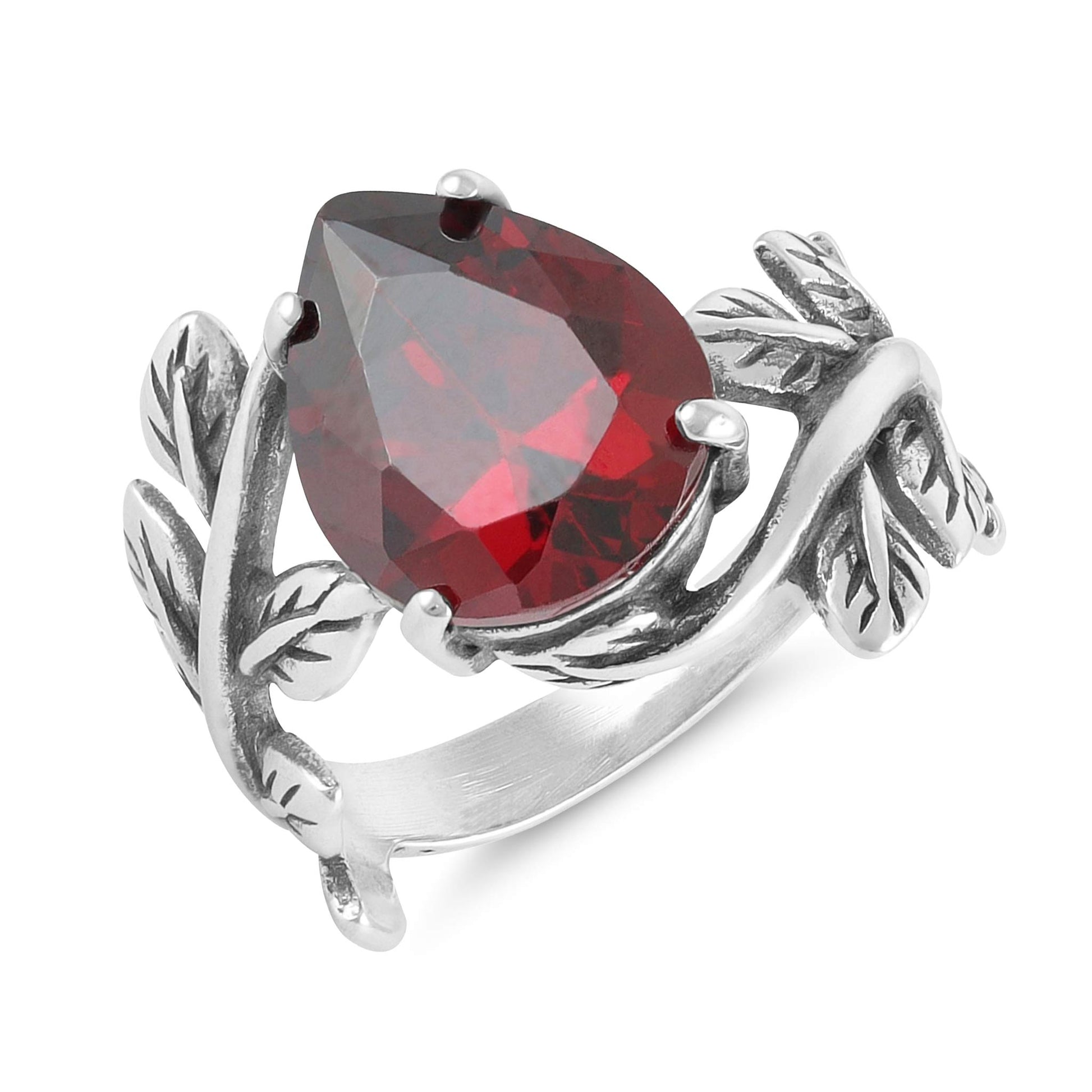 Sterling Silver Leaf Design Red Gemstone Ring - FJewellery