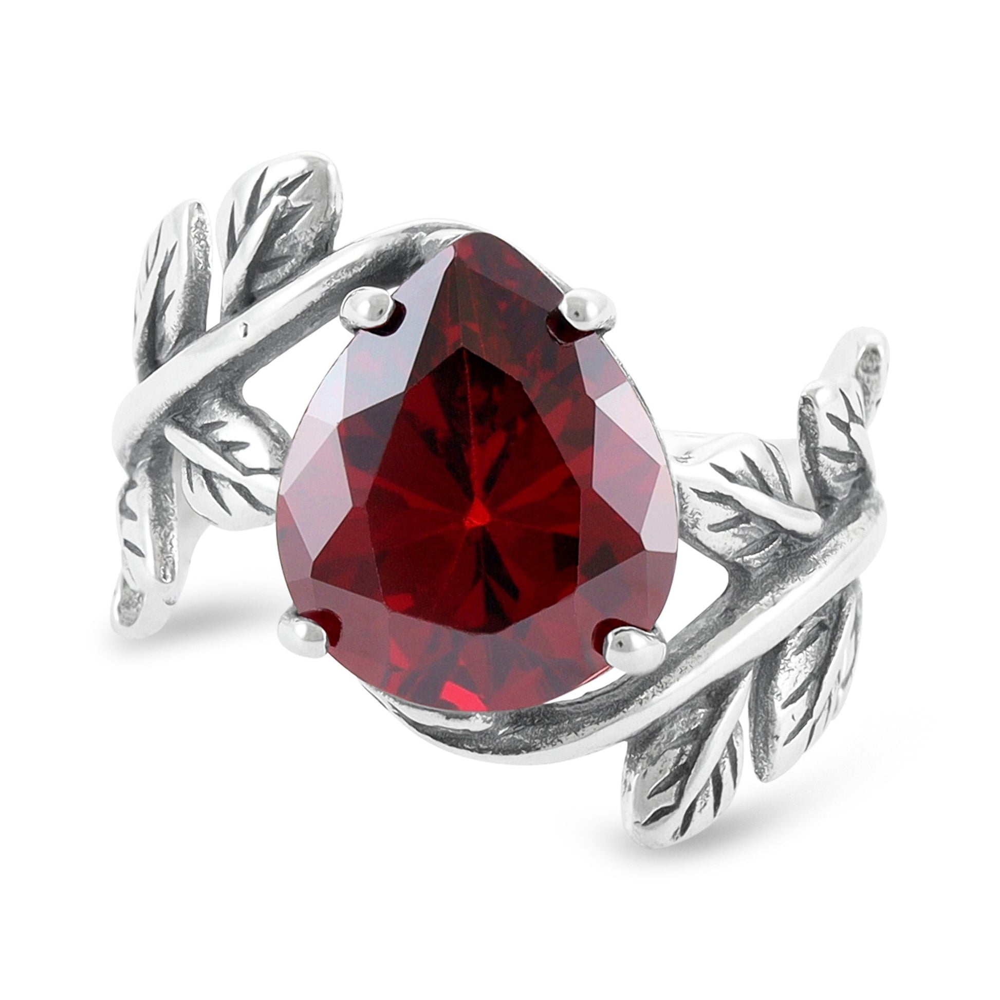 Sterling Silver Leaf Design Red Gemstone Ring - FJewellery