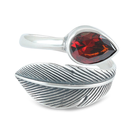 Sterling Silver Leaf Design Red Gemstone Ring - FJewellery