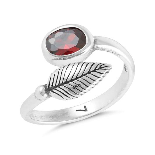 Sterling Silver Leaf Design Red Gemstone Ring - FJewellery