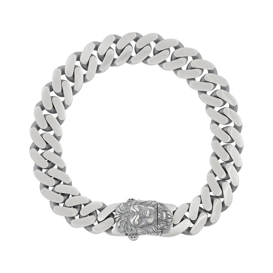 Sterling Silver Lion Lock Detail Curb Chain Bracelet - FJewellery