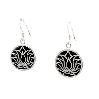 925 Sterling Silver  Black Lotus Drop Earrings