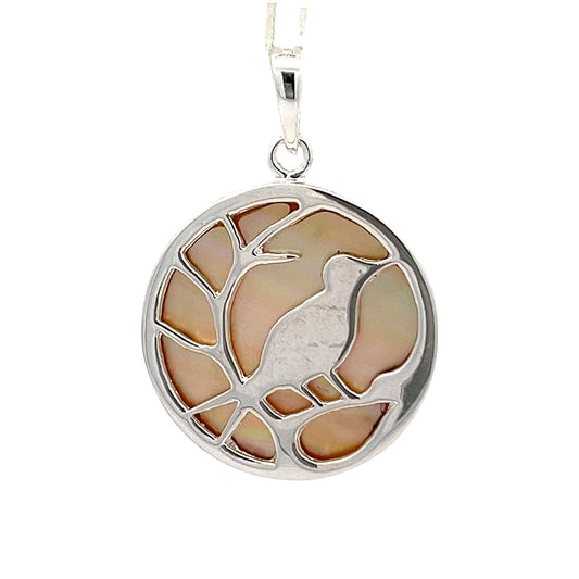 Round 925 Sterling Silver Abalone Shell Bird Pendant